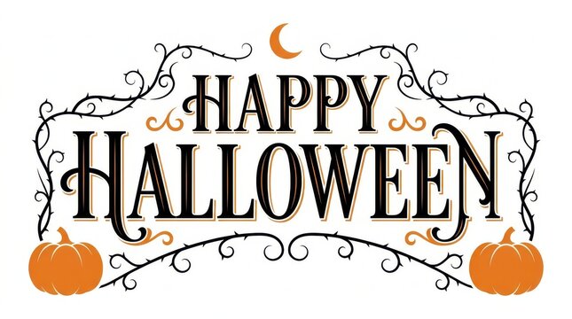 Happy halloween typography banner with pumpkins and decorative vines