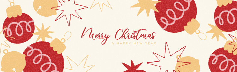 Naklejka premium Bright Christmas and New Year banner. Vector illustration with hand-drawn stars, Christmas ball, golden bells for design of covers, branding, holiday events, packaging, banners, cards, backgrounds.