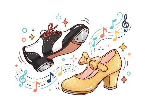 Whimsical Illustration of Tap Dancing Shoes Featuring Musical Notes and Sparkling Accents for Performance Art and Dance Classes