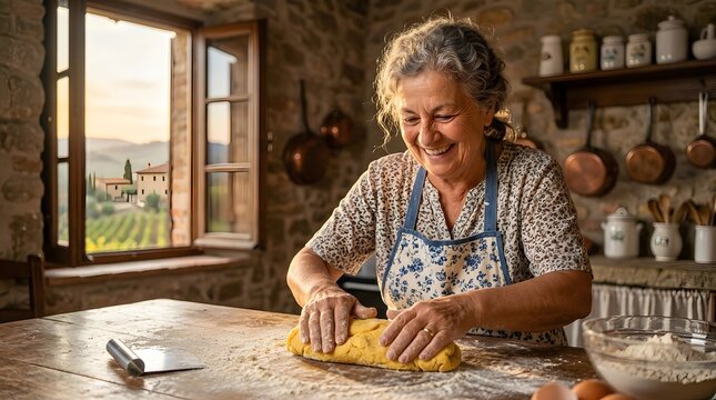 Smiling elderly woman kneads fresh yellow pasta dough wearing a blue floral apron inside a bright rustic stone farmhouse kitchen