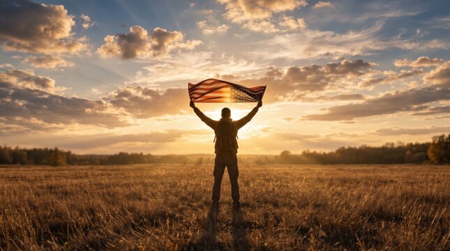 Silhouette of person holding flag in a golden field during sunset with dramatic clouds