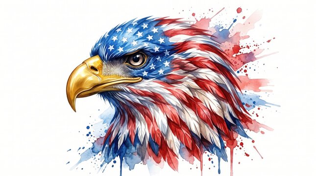 Bald eagle American flag watercolor painting featuring patriotic red and white feathers