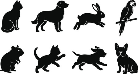 Obraz premium Domestic Pets Silhouette Set Cat Dog Rabbit Parrot Vector
