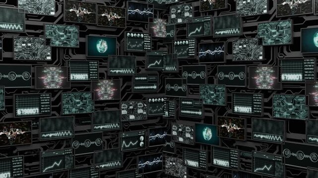 A high-tech futuristic digital environment featuring a large collection of floating monitors displaying data graphs, waveforms, circuit diagrams, analytics, numerical information.