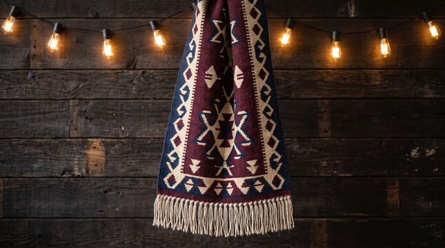 Woven rug hanging on wooden wall with geometric pattern and warm string lights