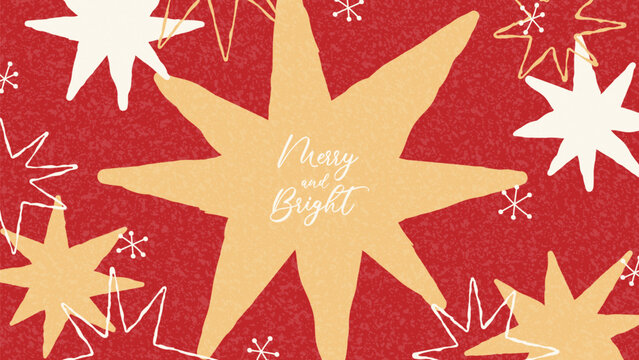 Bright Christmas and New Year background. Vector illustration with hand-drawn colorful stars and snowflakes for design of covers, branding, holiday events, packaging, banners, cards.