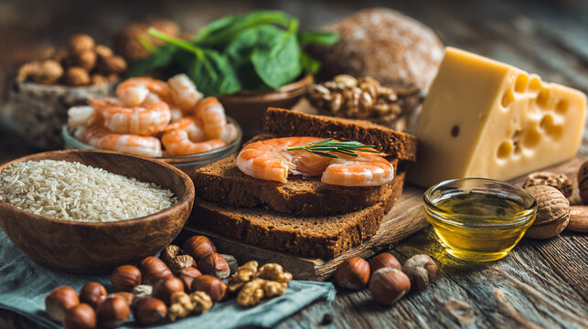 Healthy gourmet selection of seafood whole grains and nuts for balanced diet with still life.
