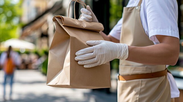 Young faceless waiter wearing gloves holds takeaway paper bag on city street blending professionalism and urban vibrancy, defocused outdoor food service, metropolitan hospitality,