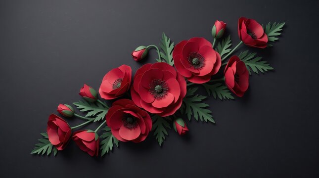 Handmade paper red poppies floral arrangement with green leaves on dark background
