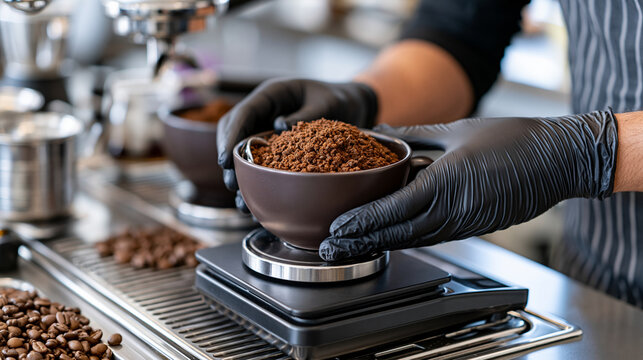 Faceless barista preparing coffee and measuring it on digital scale in coffee shop, barista wearing black gloves, defocused precision brewing methodology, calibrated technique,