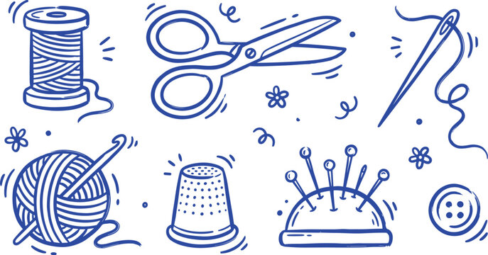 cute sewing and crafting hand drawn doodle set with thread spool scissors and yarn