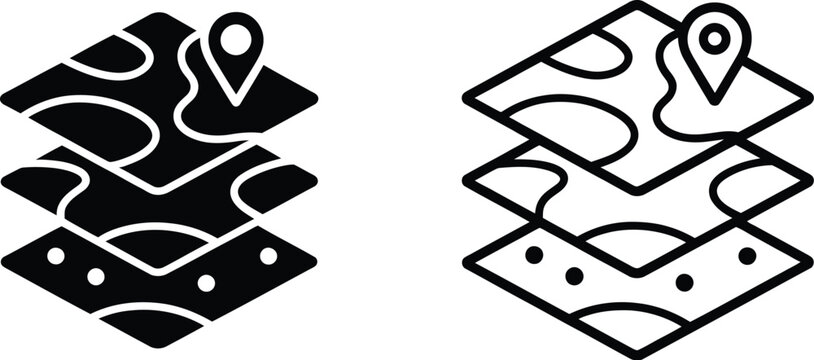 Layered maps and GIS location pin icon representing geographic data, mapping, navigation, terrain analysis, and location services.
