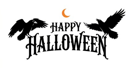 Fototapeta premium Happy halloween typography text design with black ravens and crescent moon