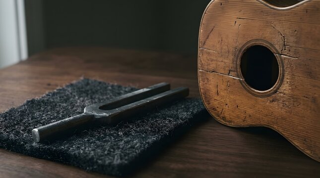Steel tuning fork placed beside a worn wooden acoustic guitar for music education guides sound tuning tutorials and instrument care publications