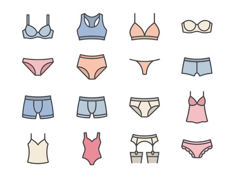 Set of underwear and lingerie icons featuring bras, panties, and intimate apparel designs.