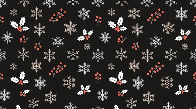Seamless Christmas pattern with white snowflakes and red holly berries on dark background