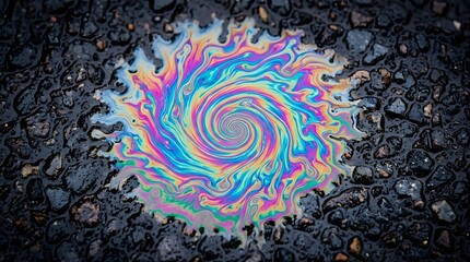 Naklejka premium Swirling iridescent rainbow oil spill on wet dark asphalt suitable for environmental pollution articles water contamination guides and eco publications