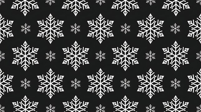 Seamless winterthemed Christmas background pattern featuring elegant white graphic snowflakes on textured black surface