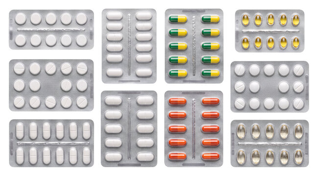 Assortment of ten blister packs with various medications on png on isolated background