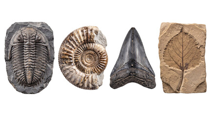 Collection of ancient fossils: trilobite, ammonite, shark png on isolated background © Isolated Hub