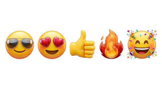 Collection of five yellow emojis, sunglasses, hearts, thumbs png on isolated background