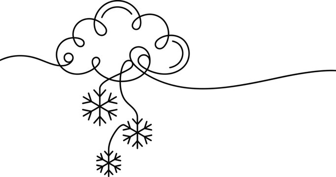 A delicate hand drawn sketch depicts a fluffy cloud releasing gentle falling snowflakes on a clean white backdrop