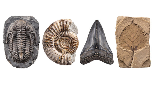 Collection of ancient fossils: trilobite, ammonite, shark png on isolated background