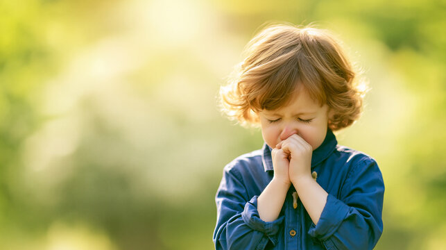Photorealistic child rubbing nose outside in a park during pollen season  