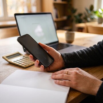 Person holding smartphone while calculating budget and managing expenses at desk with laptop and notebook