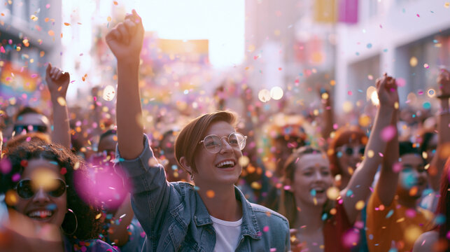 Diverse crowd cheering at a vibrant Pride celebration parade  