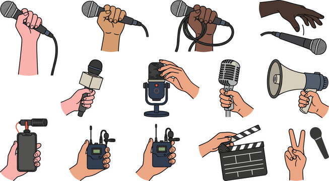 Hand Holding Microphone and Megaphone Vector Illustration Set with Wireless Audio Transmitters Mic Drop and Film Clapperboard Elements for Media Reporting Designs
