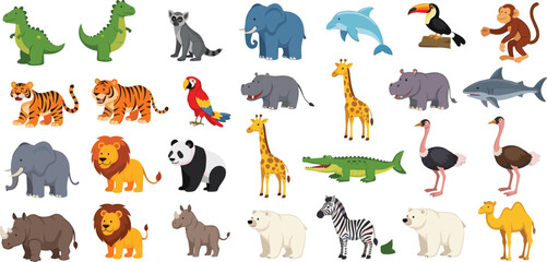 Naklejka premium Wild animals collection with safari jungle and zoo creatures including lion elephant giraffe tiger zebra and more, colorful cartoon wildlife set isolated on light background vector illustration