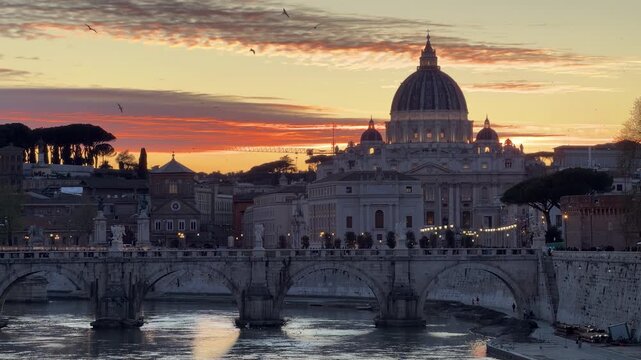Beautiful Sunset in Rome of St Peter's Basilica Dome and Tiber River. Sun Pink Sky Vibrant. View From Bridge Tourists Travel Video Excursion