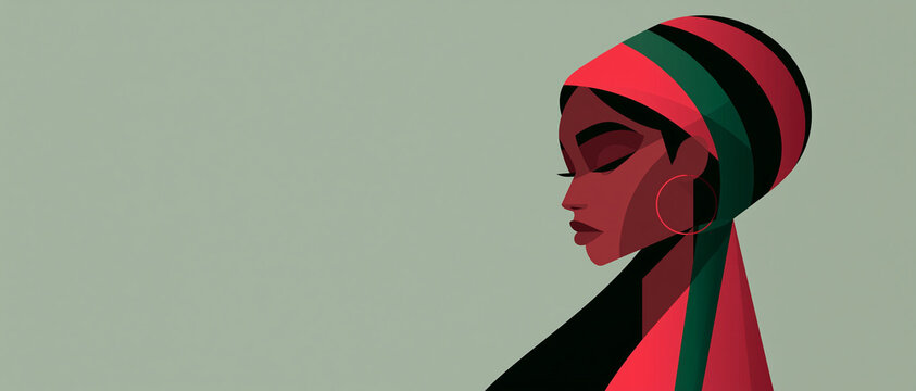 African American woman in Juneteenth colors with minimal expression  