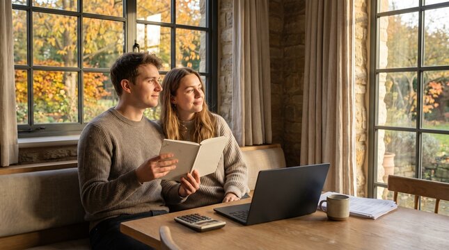 Young couple holding open notebook looking out window while planning finances with laptop and calculator