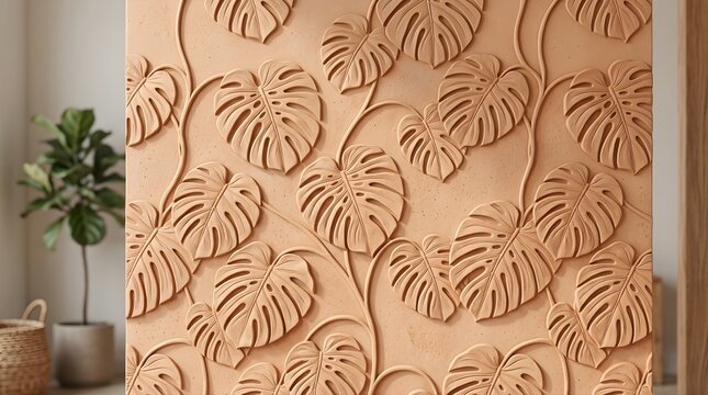 Beige Monstera Leaf Pattern Wall Relief for Modern Interior Design