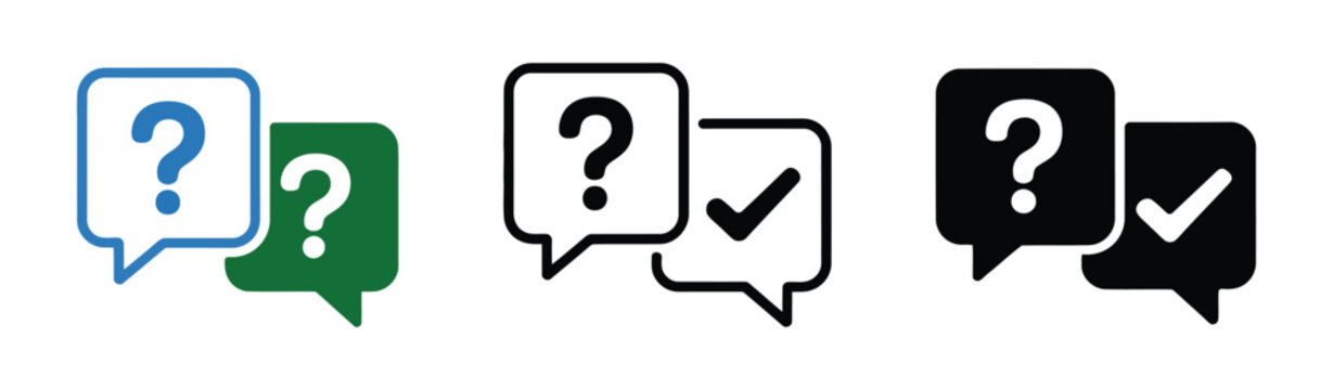 Question and answer speech bubbles icons set, online communication symbols, frequently asked questions graphics, dialogue message concepts, customer assistance illustrations, response vector design