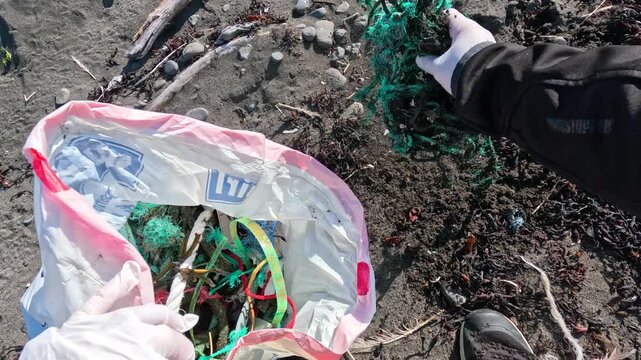 POV Doing a beach clean-up, collecting trash such as fishing nets on a remote beach in Iceland