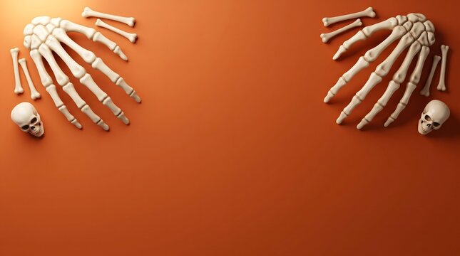 Halloween background with skeleton hands and skulls