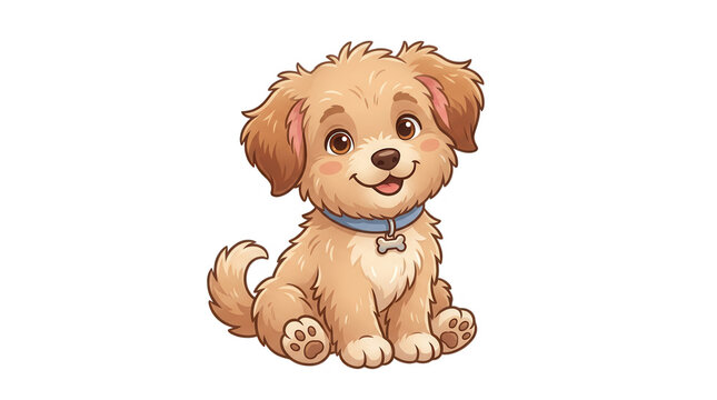 Cute little puppy sitting and wearing a blue collar in a friendly cartoon pixel art style illustration for design isolated on transparent background