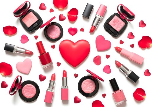 Flat lay composition of beauty makeup products with red heart shapes and rose petals for romance