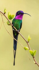 Naklejka premium Vibrant Iridescent Hummingbird Perched on a Budding Branch