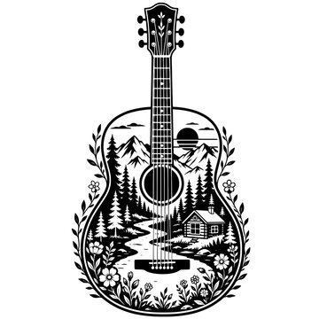 Vector illustration of an acoustic guitar featuring a scenic mountain landscape, pine forest, river, and floral elements in a black and white linocut style