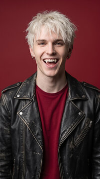 Young man with bleached hair smiling widely showing fangs. Wearing leather jacket and red t-shirt against maroon background. Music, fashion, entertainment industry.