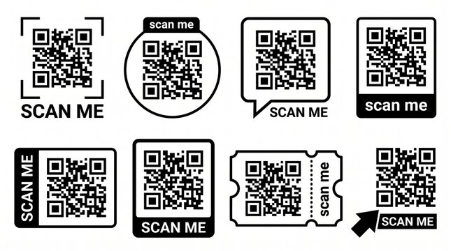 QR code icon set with scan me text frames on white background