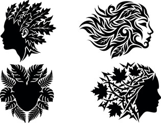 Fototapeta premium Floral silhouettes of female profiles showcase botanical ornamentation and delicate design elements silhouette