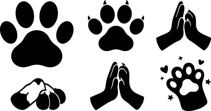 Silhouettes of animal paw prints and praying hands against a white background pawprint
