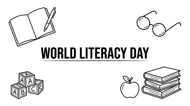 World Literacy Day Line Icon Set with Book Pen Glasses Alphabet Blocks Apple and Stacked Books 