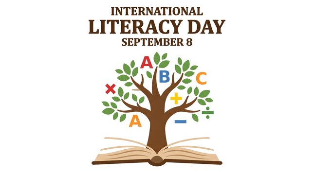 International Literacy Day September 8 Banner with Tree Growing from Open Book and Alphabet Letters Vector Illustration
