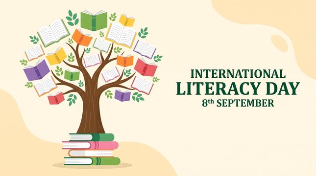 International Literacy Day 8th September Banner with Tree Made of Books and Open Book Stack Vector Illustration
